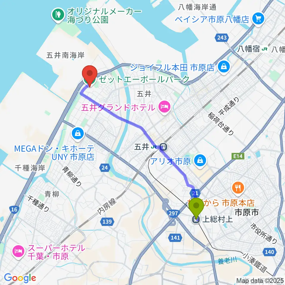 上総村上駅からゼットエーボールパークへのルートマップ地図