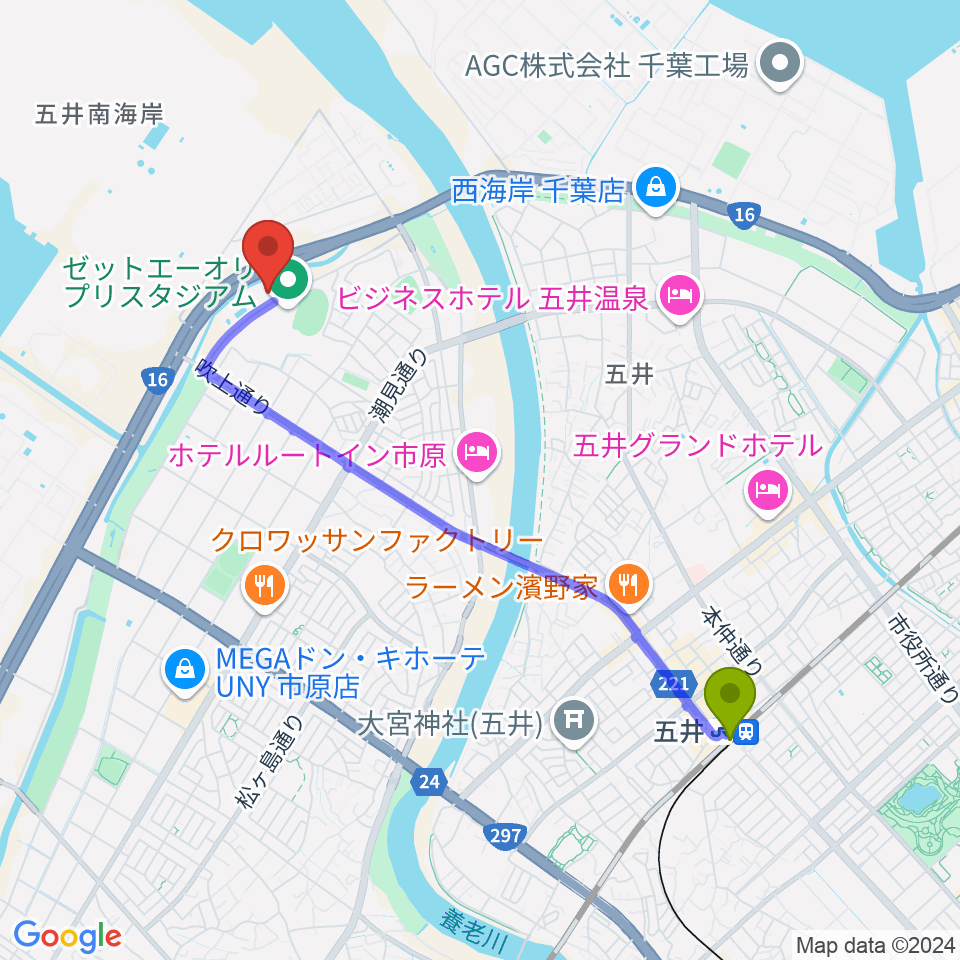 市原市臨海体育館の最寄駅五井駅からの徒歩ルート（約42分）地図