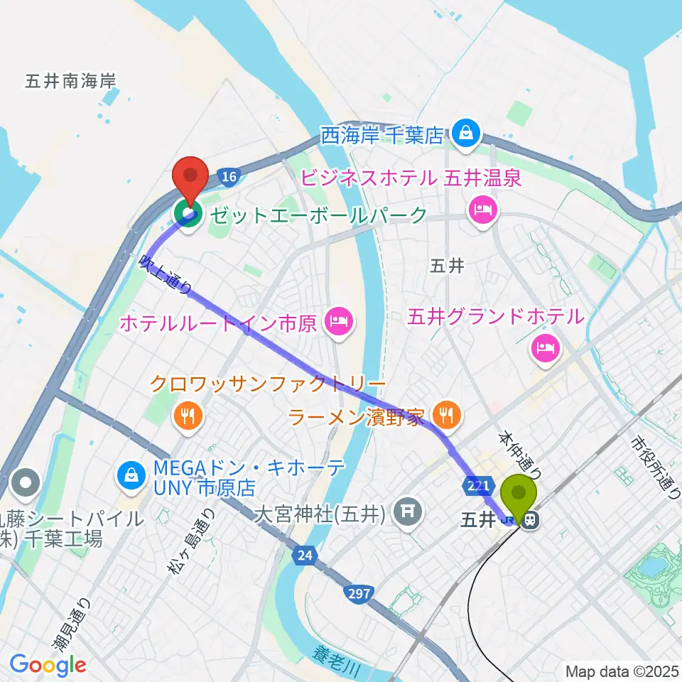 市原市臨海体育館の最寄駅五井駅からの徒歩ルート（約42分）地図