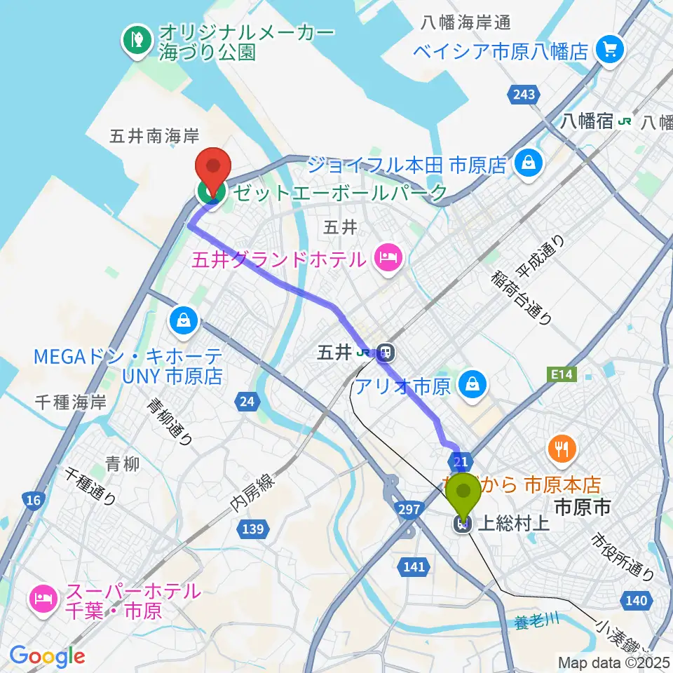 上総村上駅から市原市臨海体育館へのルートマップ地図