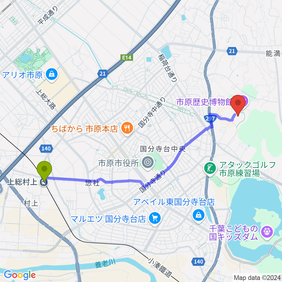 上総村上駅からゼットエー武道場へのルートマップ地図