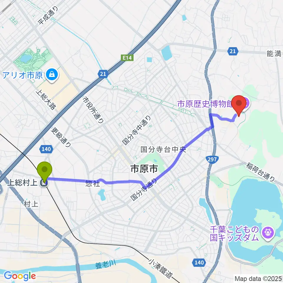 上総村上駅からゼットエー武道場へのルートマップ地図