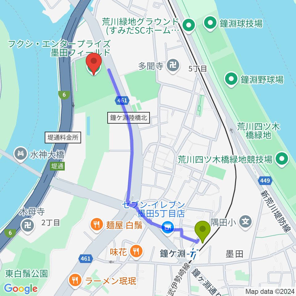 鐘ヶ淵駅からフクシ・エンタープライズ墨田フィールドへのルートマップ地図