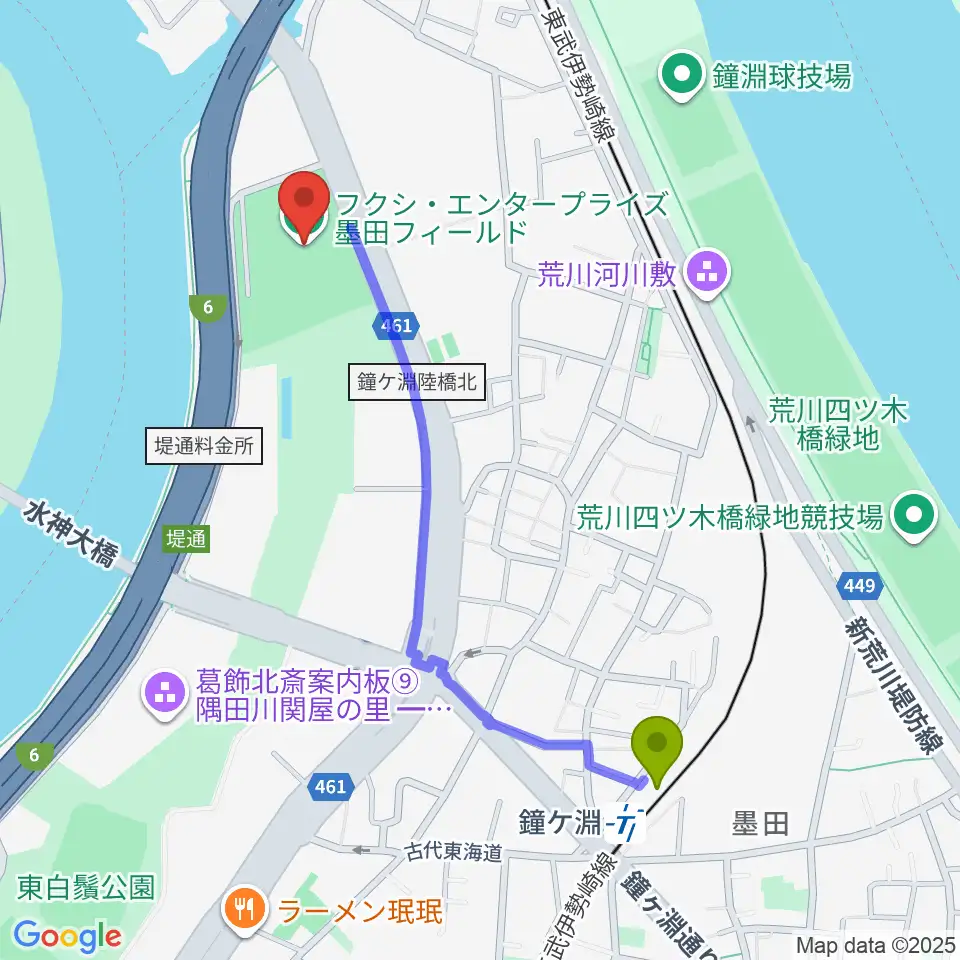 鐘ヶ淵駅からフクシ・エンタープライズ墨田フィールドへのルートマップ地図