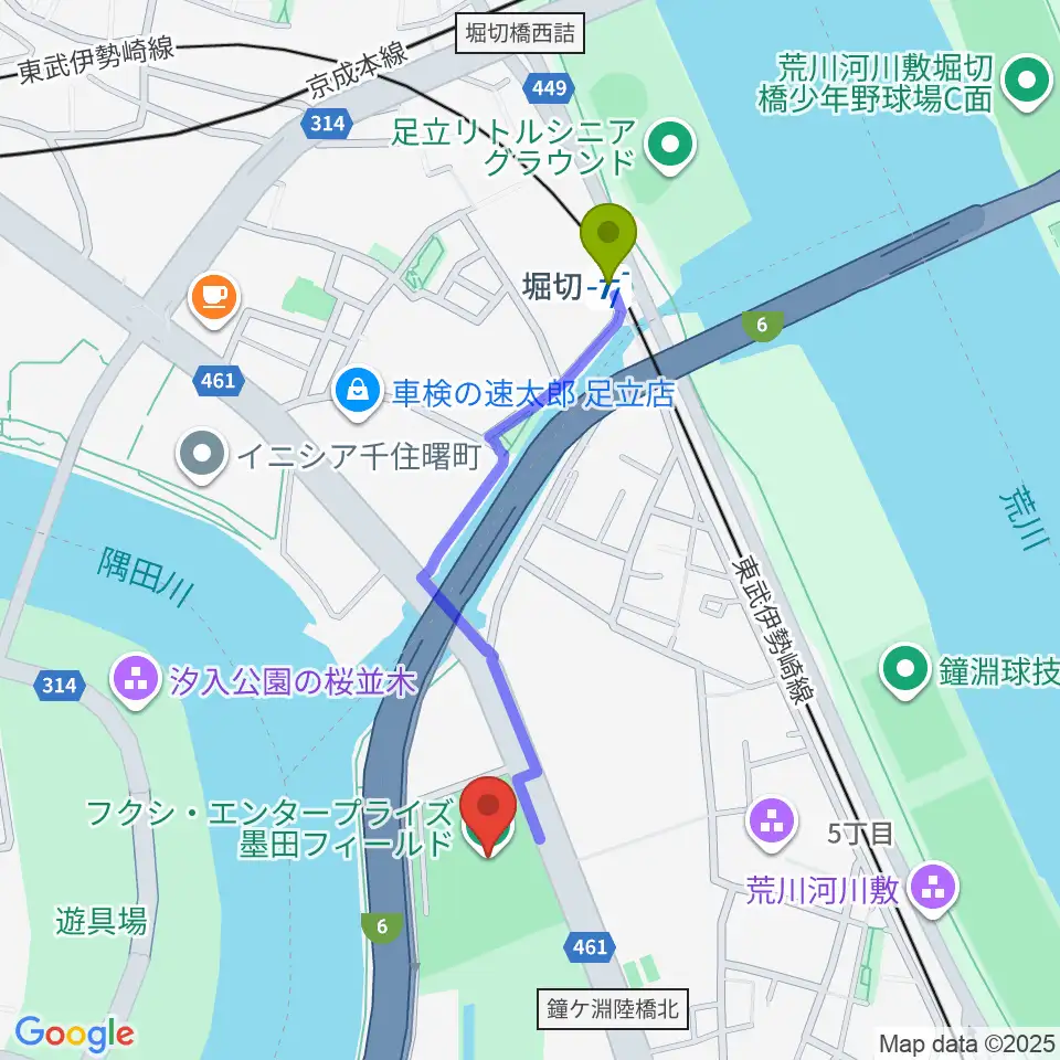 フクシ・エンタープライズ墨田フィールドの最寄駅堀切駅からの徒歩ルート（約9分）地図