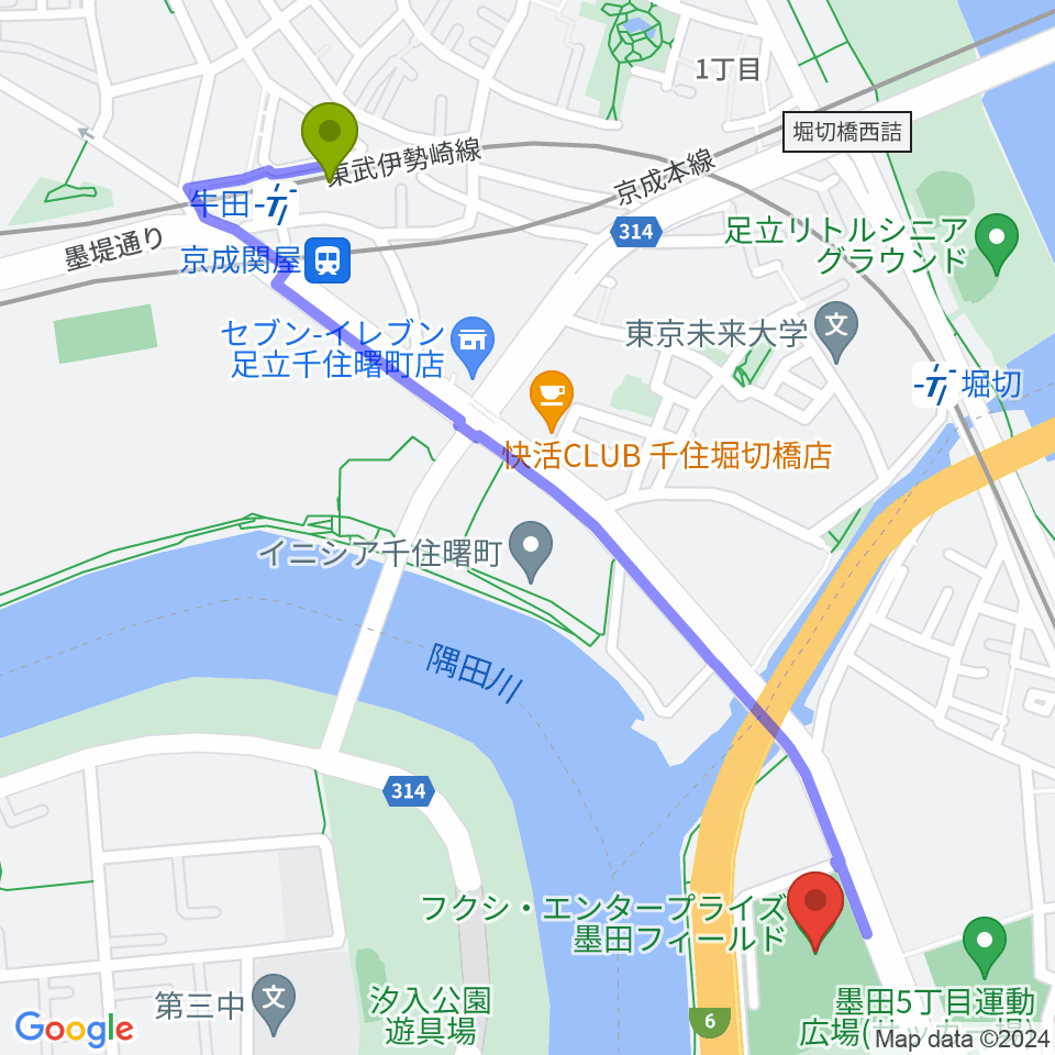 牛田駅からフクシ・エンタープライズ墨田フィールドへのルートマップ地図