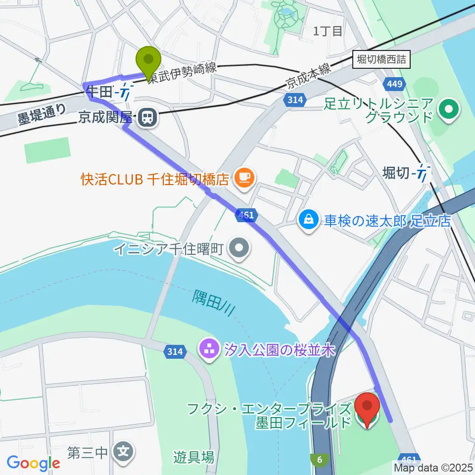 牛田駅からフクシ・エンタープライズ墨田フィールドへのルートマップ地図
