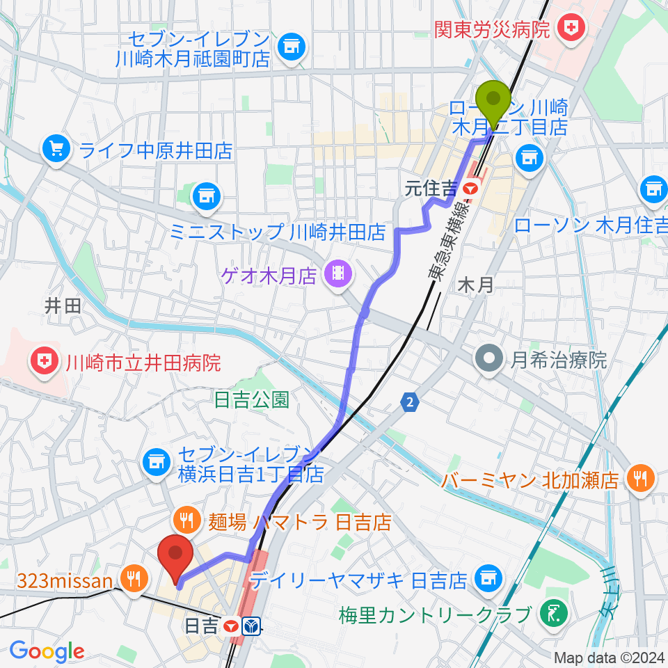 元住吉駅からグリーンヒル音楽スタジオへのルートマップ地図