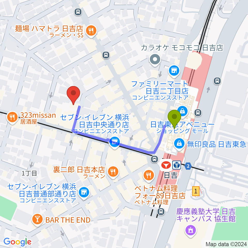 グリーンヒル音楽スタジオの最寄駅日吉駅からの徒歩ルート（約3分）地図