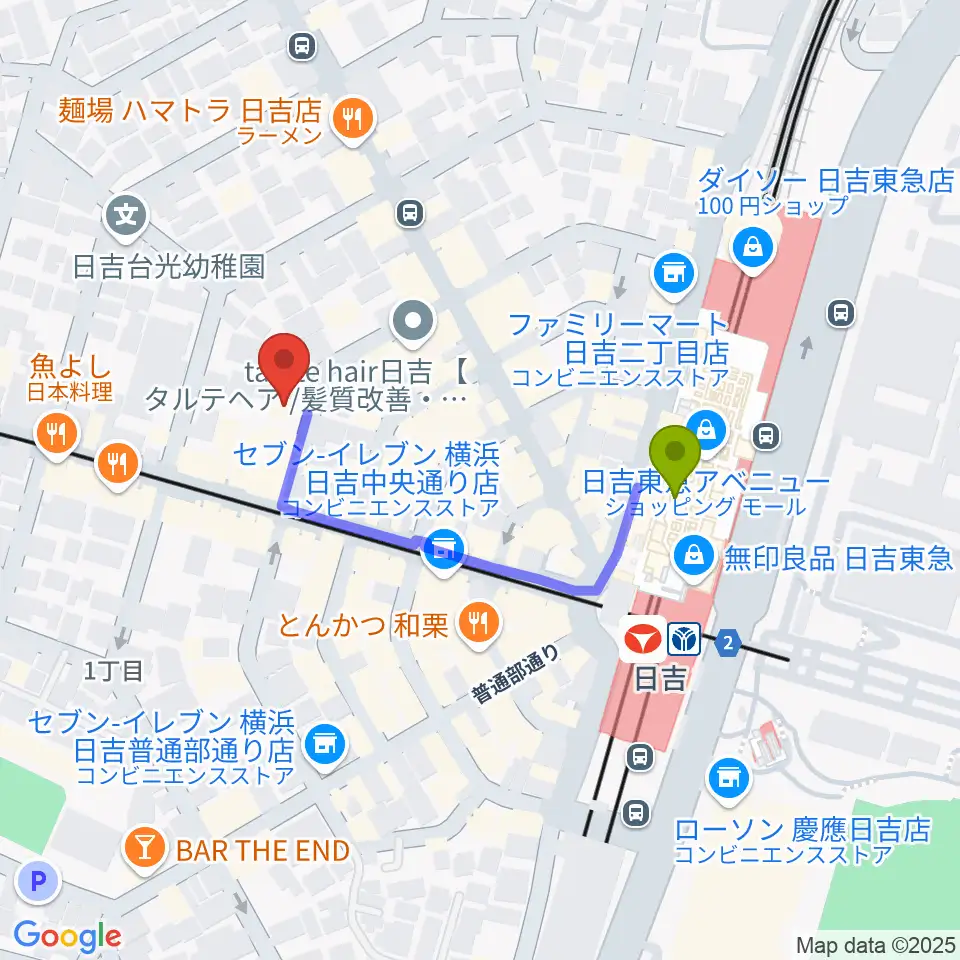 グリーンヒル音楽スタジオの最寄駅日吉駅からの徒歩ルート（約3分）地図