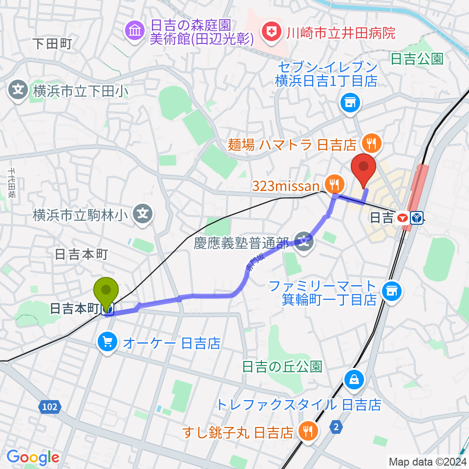 日吉本町駅からグリーンヒル音楽スタジオへのルートマップ地図