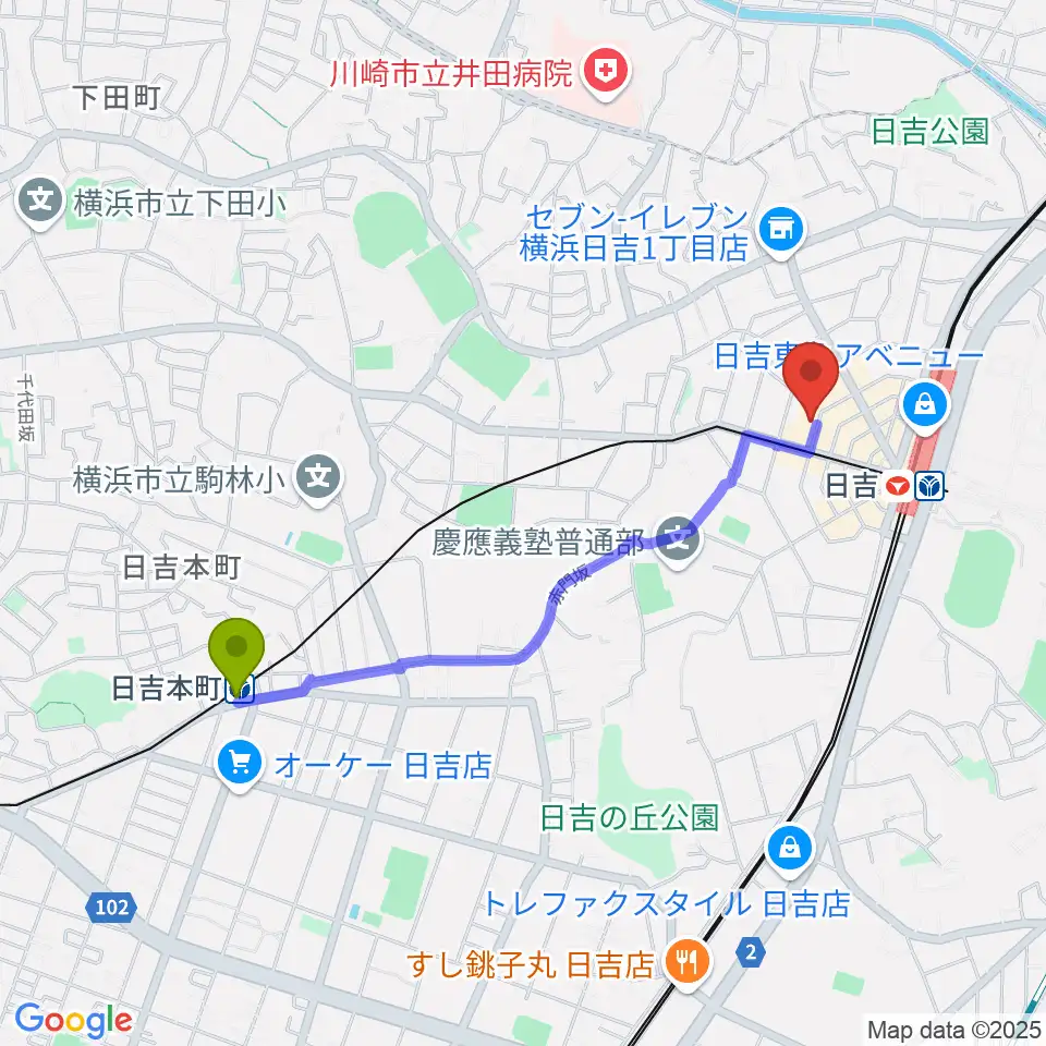 日吉本町駅からグリーンヒル音楽スタジオへのルートマップ地図