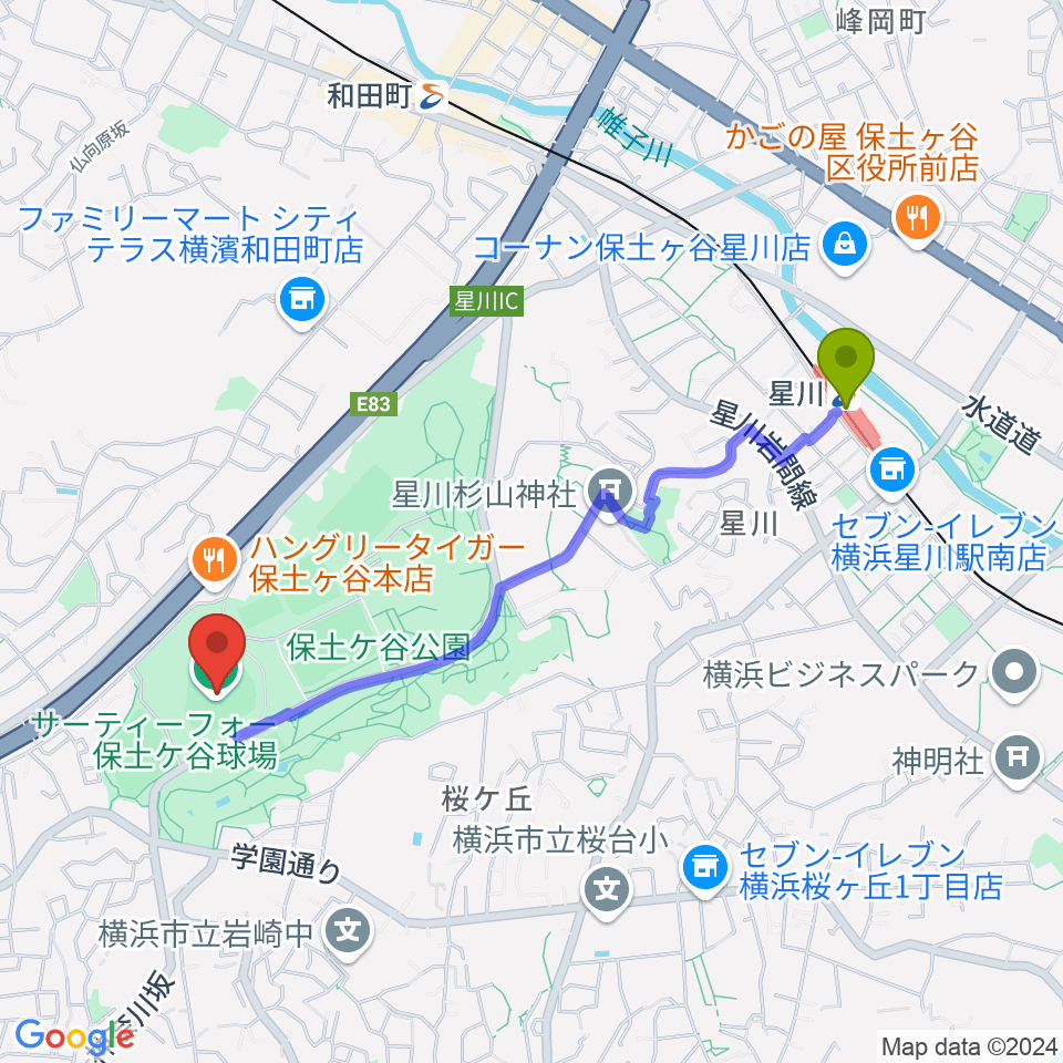 星川駅からサーティーフォー保土ケ谷球場へのルートマップ地図