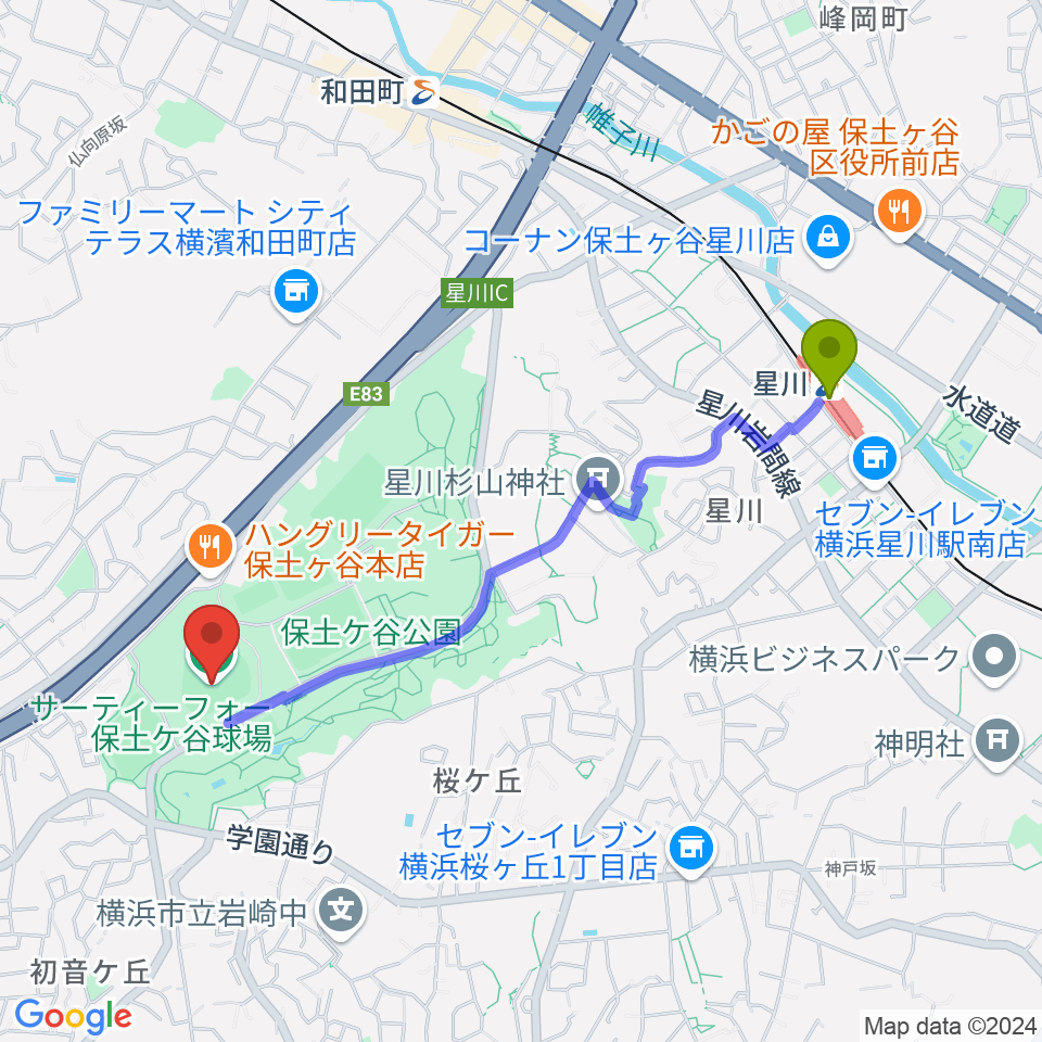 星川駅からサーティーフォー保土ケ谷球場へのルートマップ地図