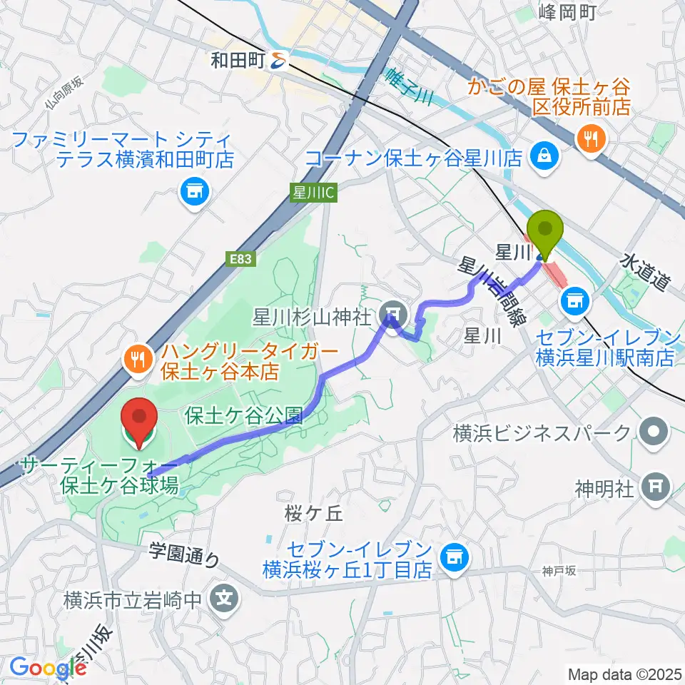 星川駅からサーティーフォー保土ケ谷球場へのルートマップ地図