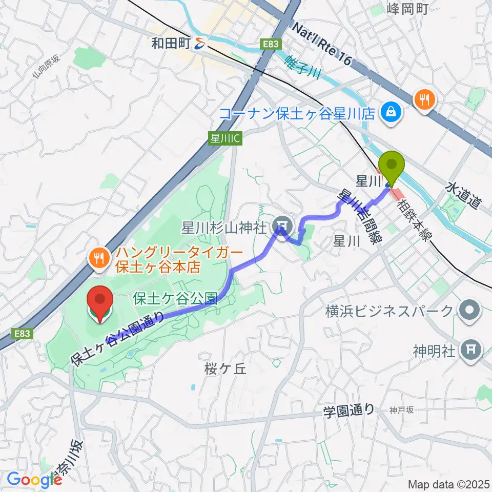 星川駅からサーティーフォー保土ケ谷球場へのルートマップ地図