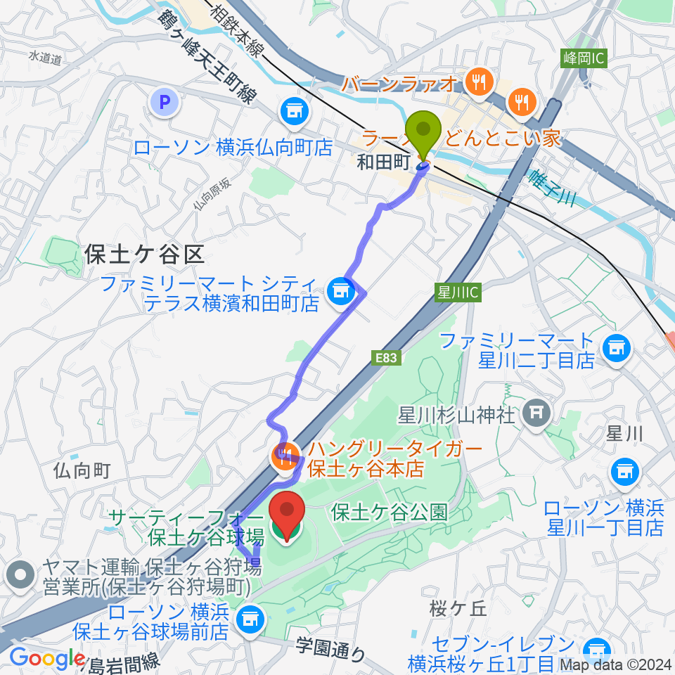 サーティーフォー保土ケ谷球場の最寄駅和田町駅からの徒歩ルート（約19分）地図