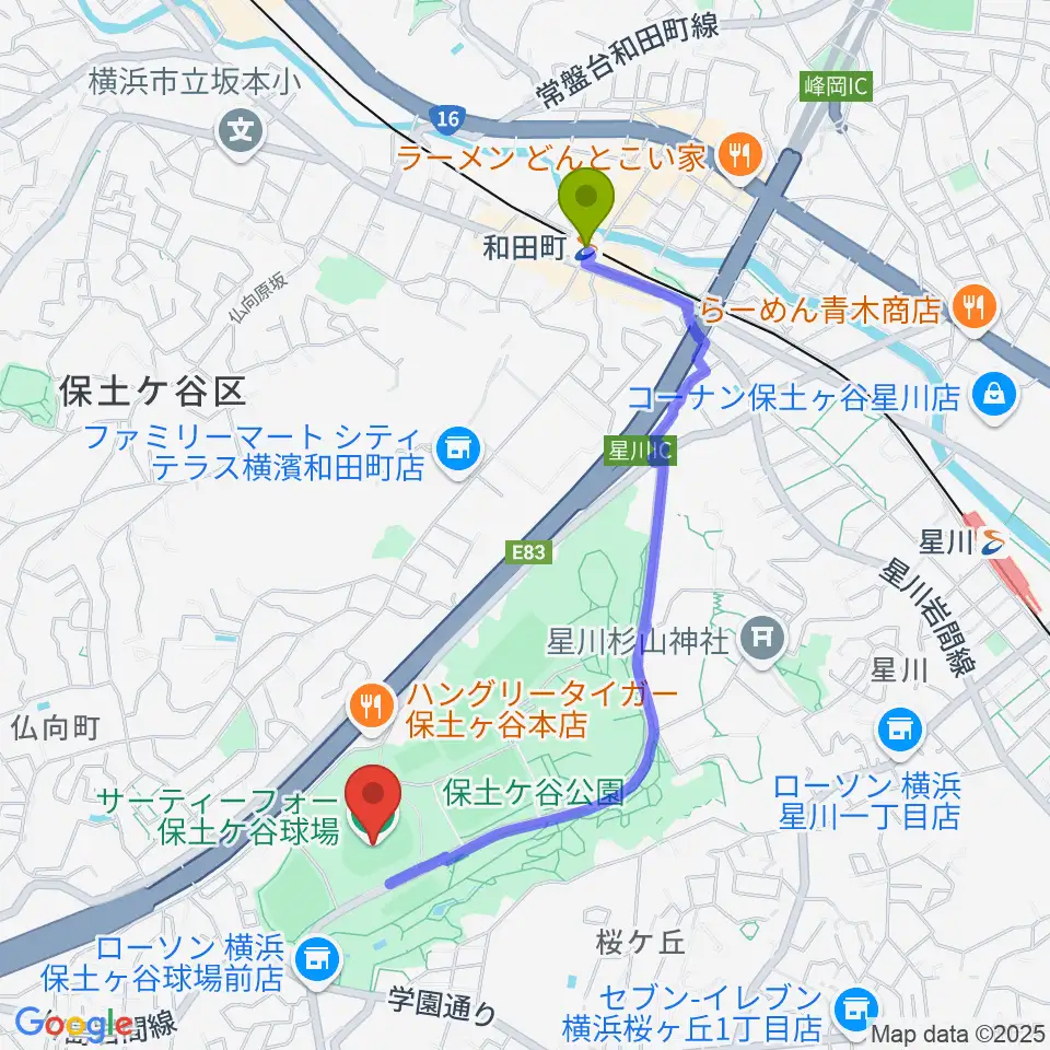 サーティーフォー保土ケ谷球場の最寄駅和田町駅からの徒歩ルート（約19分）地図