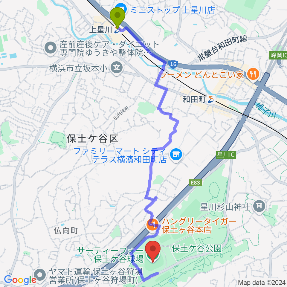 上星川駅からサーティーフォー保土ケ谷球場へのルートマップ地図