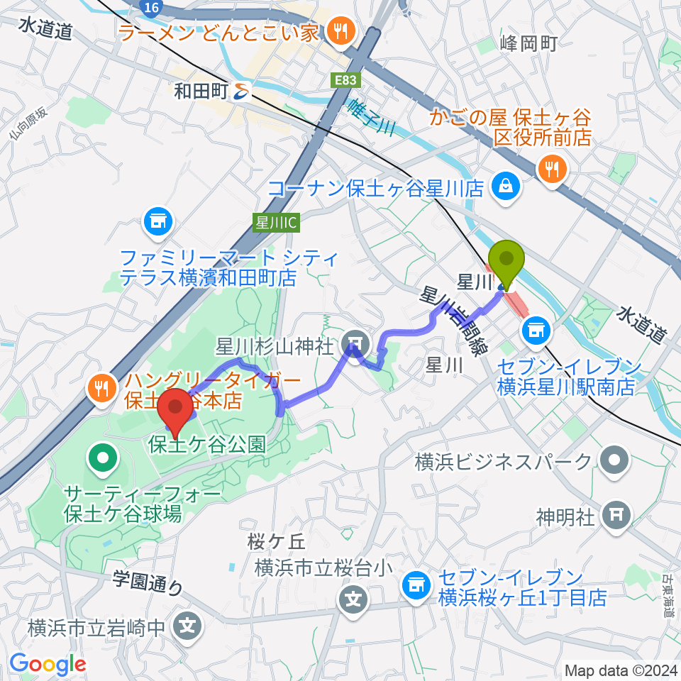 星川駅から保土ケ谷公園サッカー場へのルートマップ地図