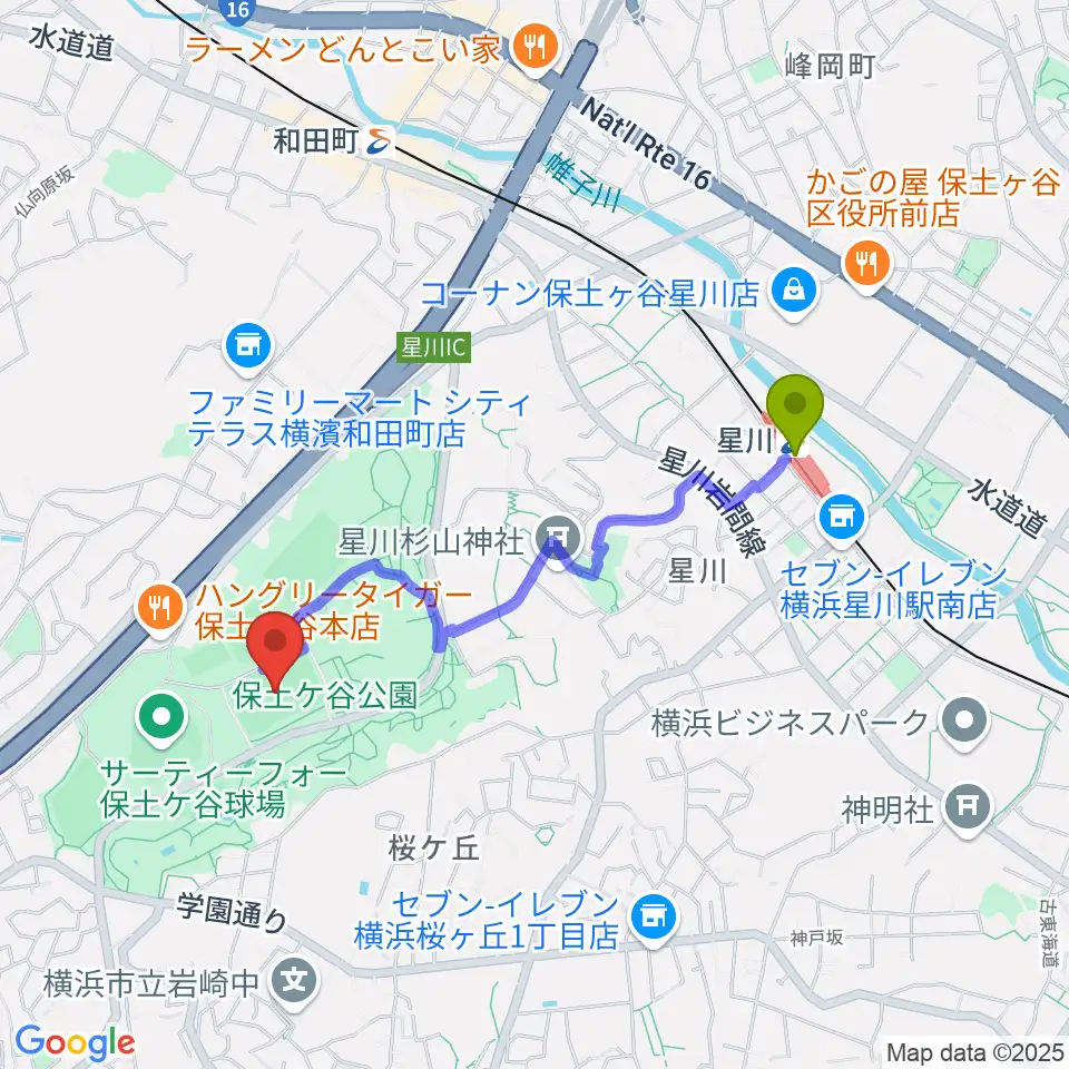 星川駅から保土ケ谷公園サッカー場へのルートマップ地図