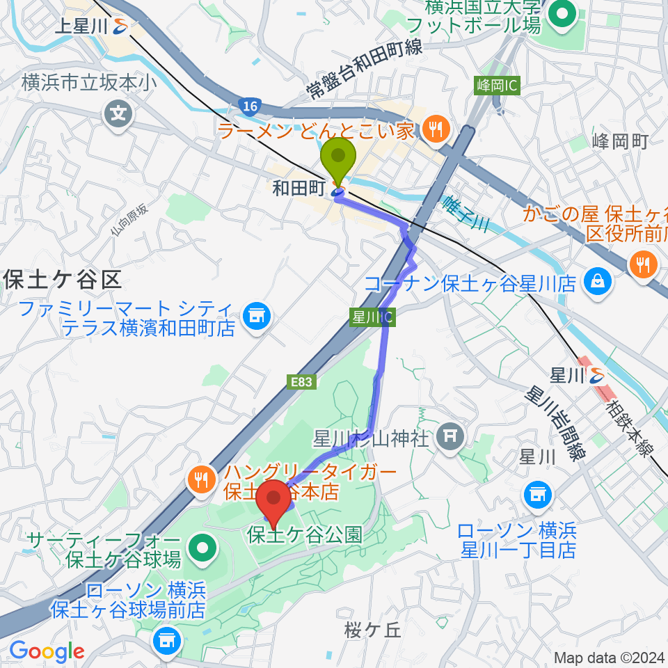 保土ケ谷公園サッカー場の最寄駅和田町駅からの徒歩ルート（約16分）地図