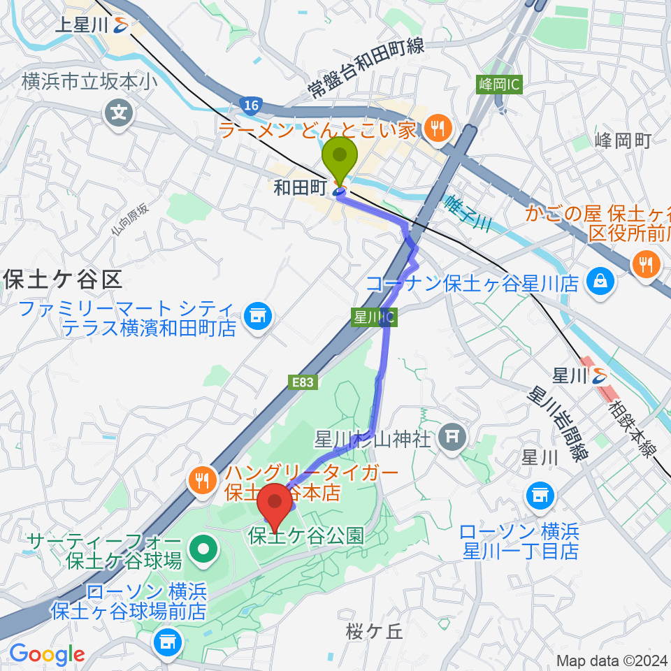 保土ケ谷公園サッカー場の最寄駅和田町駅からの徒歩ルート（約16分）地図