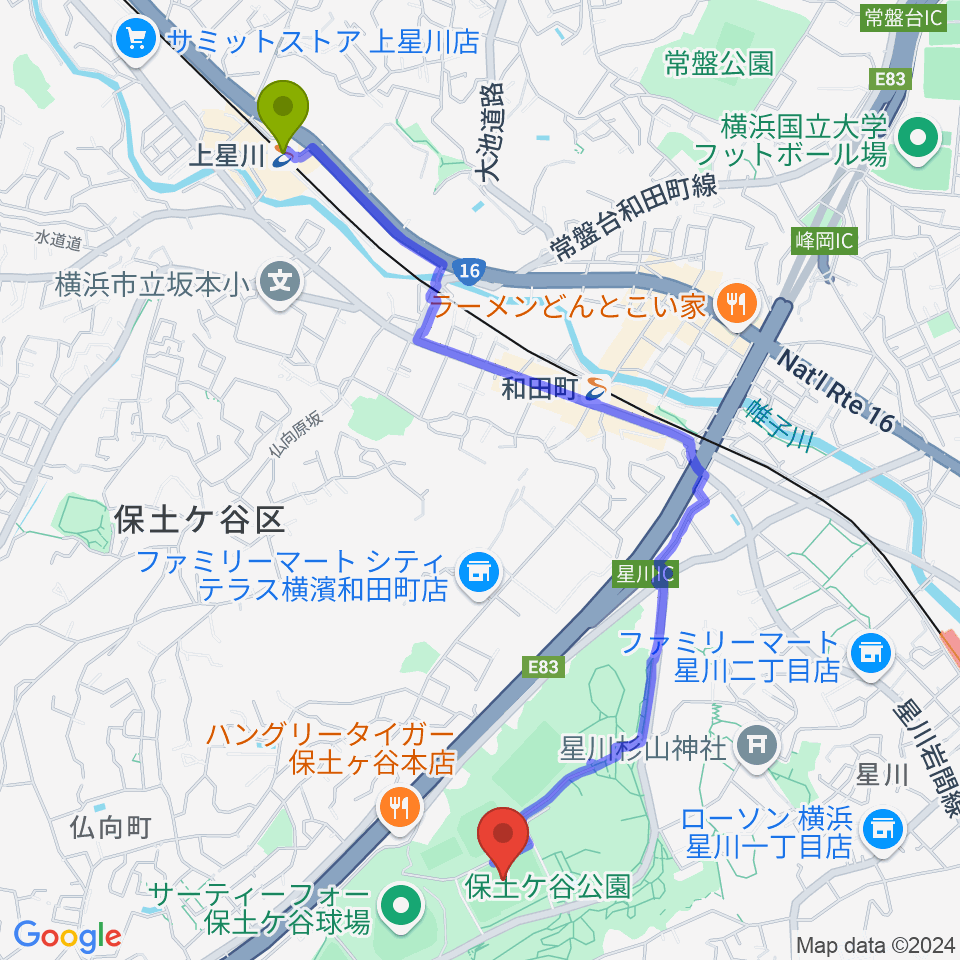 上星川駅から保土ケ谷公園サッカー場へのルートマップ地図