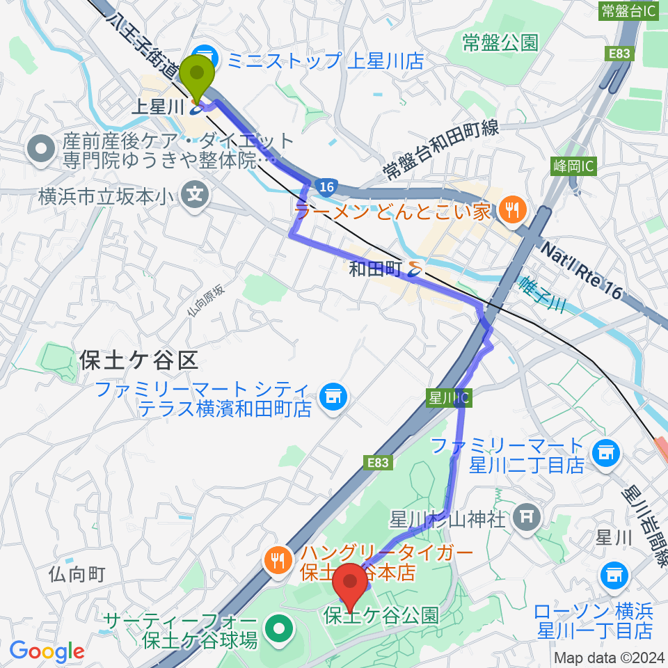 上星川駅から保土ケ谷公園サッカー場へのルートマップ地図