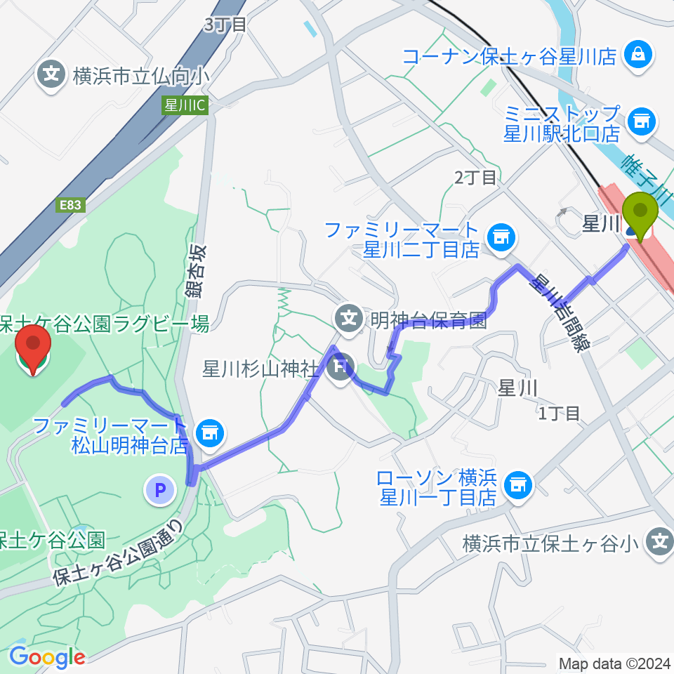 星川駅から保土ケ谷公園ラグビー場へのルートマップ地図