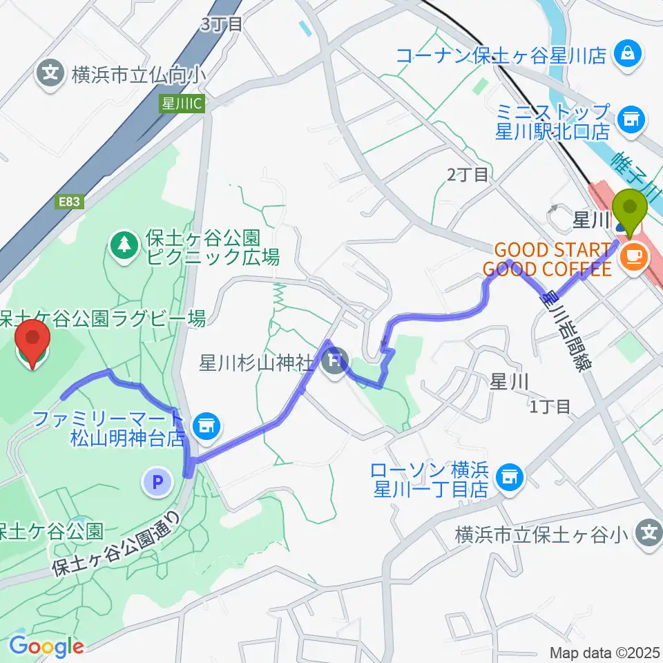 星川駅から保土ケ谷公園ラグビー場へのルートマップ地図