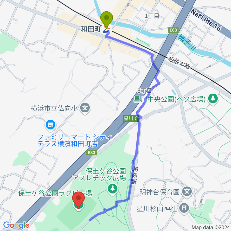 保土ケ谷公園ラグビー場の最寄駅和田町駅からの徒歩ルート（約12分）地図