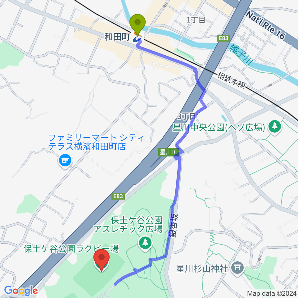 保土ケ谷公園ラグビー場の最寄駅和田町駅からの徒歩ルート（約12分）地図