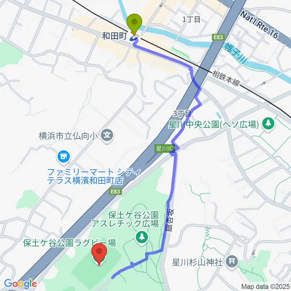 保土ケ谷公園ラグビー場の最寄駅和田町駅からの徒歩ルート（約12分）地図