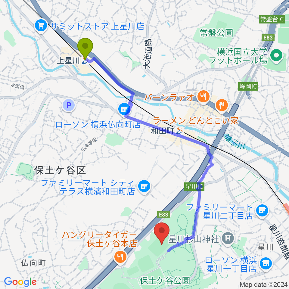 上星川駅から保土ケ谷公園ラグビー場へのルートマップ地図