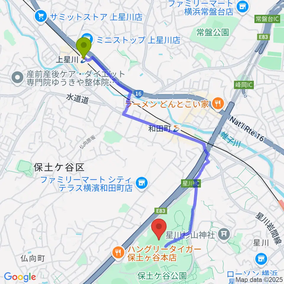 上星川駅から保土ケ谷公園ラグビー場へのルートマップ地図