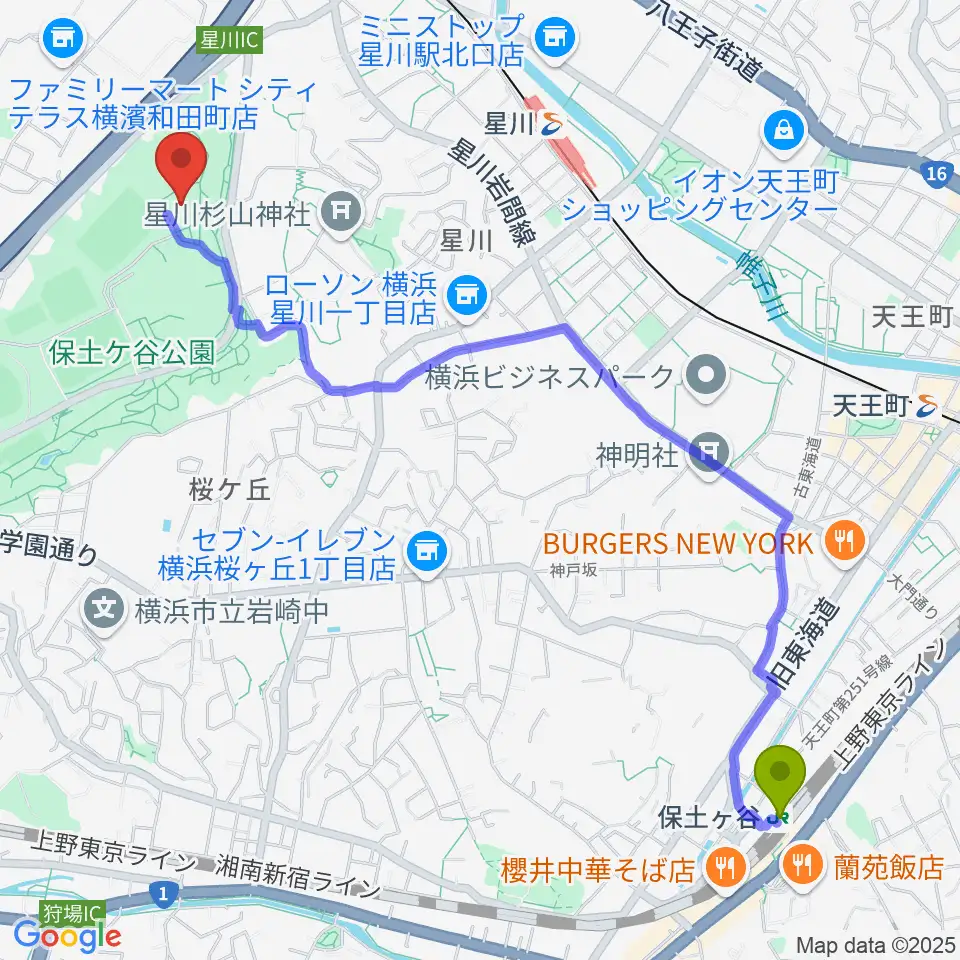保土ケ谷駅から保土ケ谷公園体育館へのルートマップ地図
