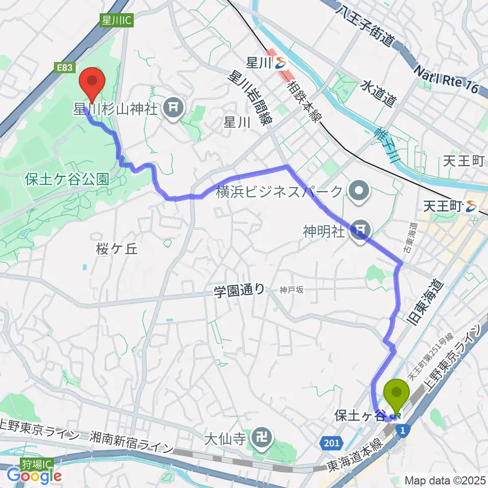 保土ケ谷駅から保土ケ谷公園体育館へのルートマップ地図