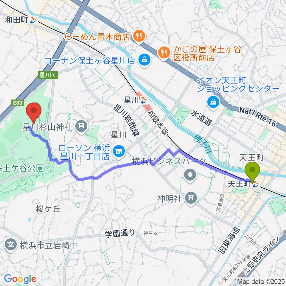 天王町駅から保土ケ谷公園体育館へのルートマップ地図