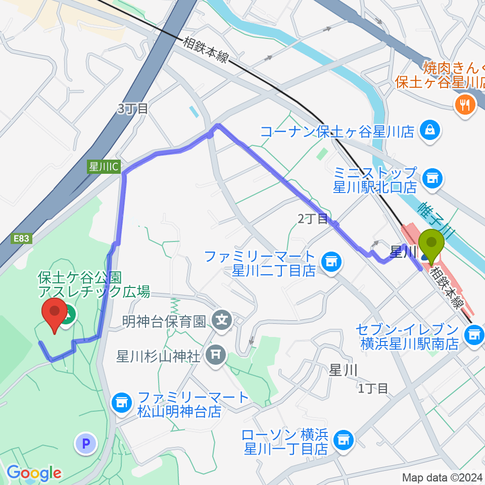 星川駅から保土ケ谷公園体育館へのルートマップ地図