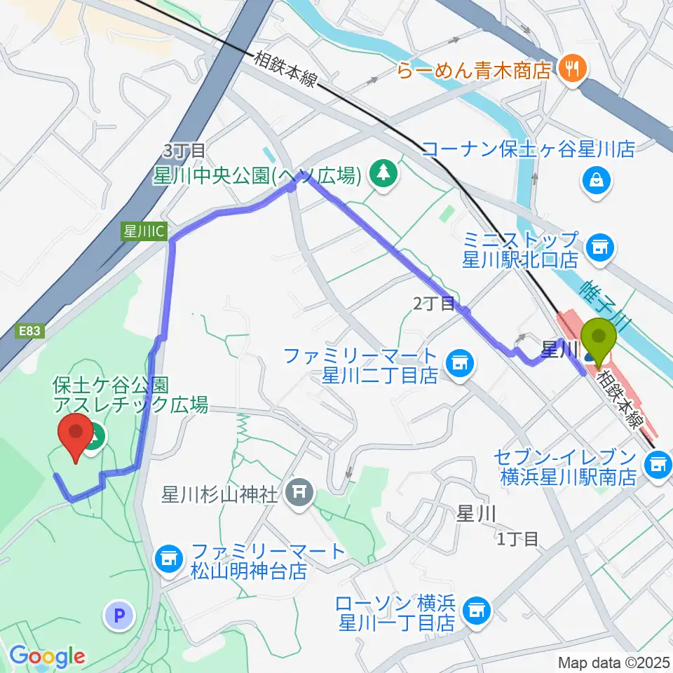 星川駅から保土ケ谷公園体育館へのルートマップ地図