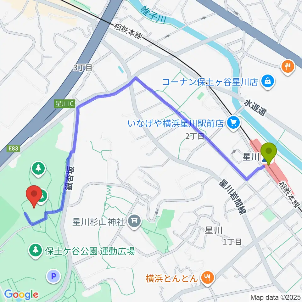 星川駅から保土ケ谷公園体育館へのルートマップ地図