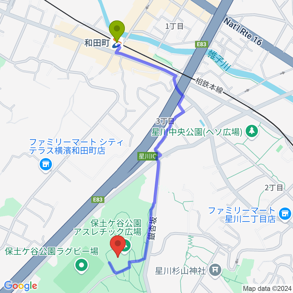 保土ケ谷公園体育館の最寄駅和田町駅からの徒歩ルート（約11分）地図