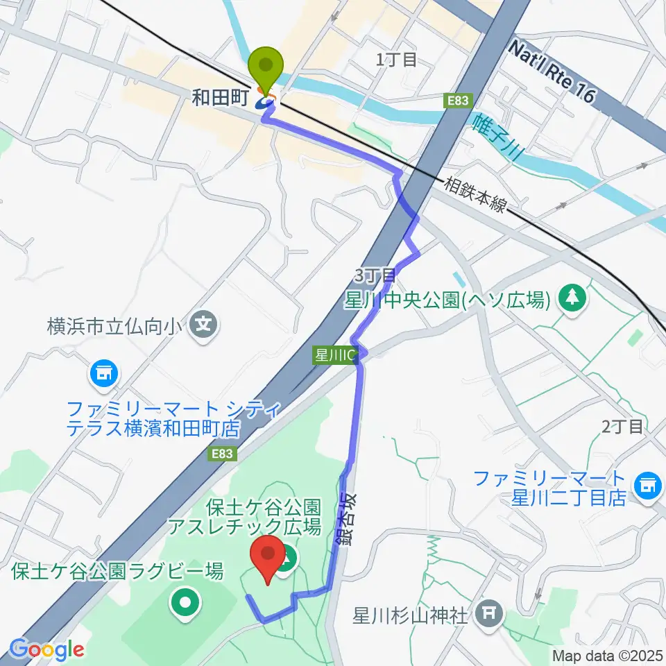 保土ケ谷公園体育館の最寄駅和田町駅からの徒歩ルート（約11分）地図