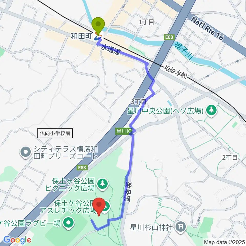 保土ケ谷公園体育館の最寄駅和田町駅からの徒歩ルート（約11分）地図