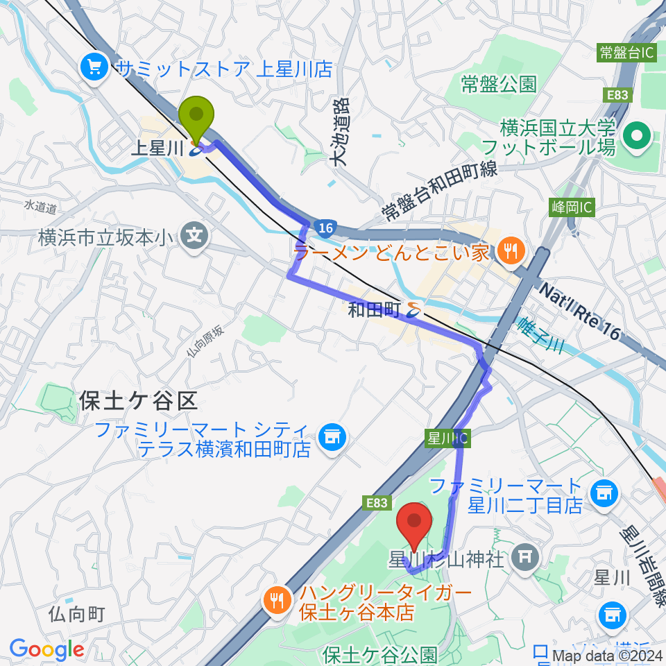 上星川駅から保土ケ谷公園体育館へのルートマップ地図