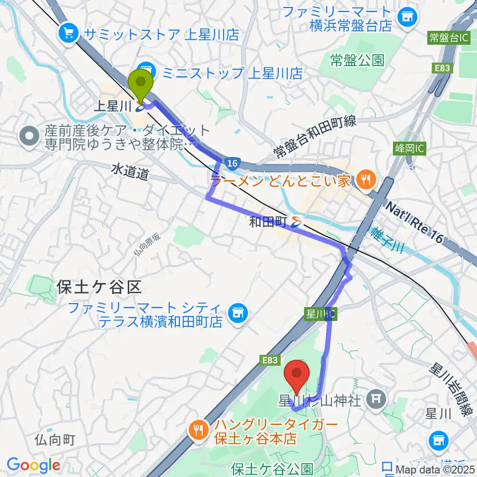 上星川駅から保土ケ谷公園体育館へのルートマップ地図