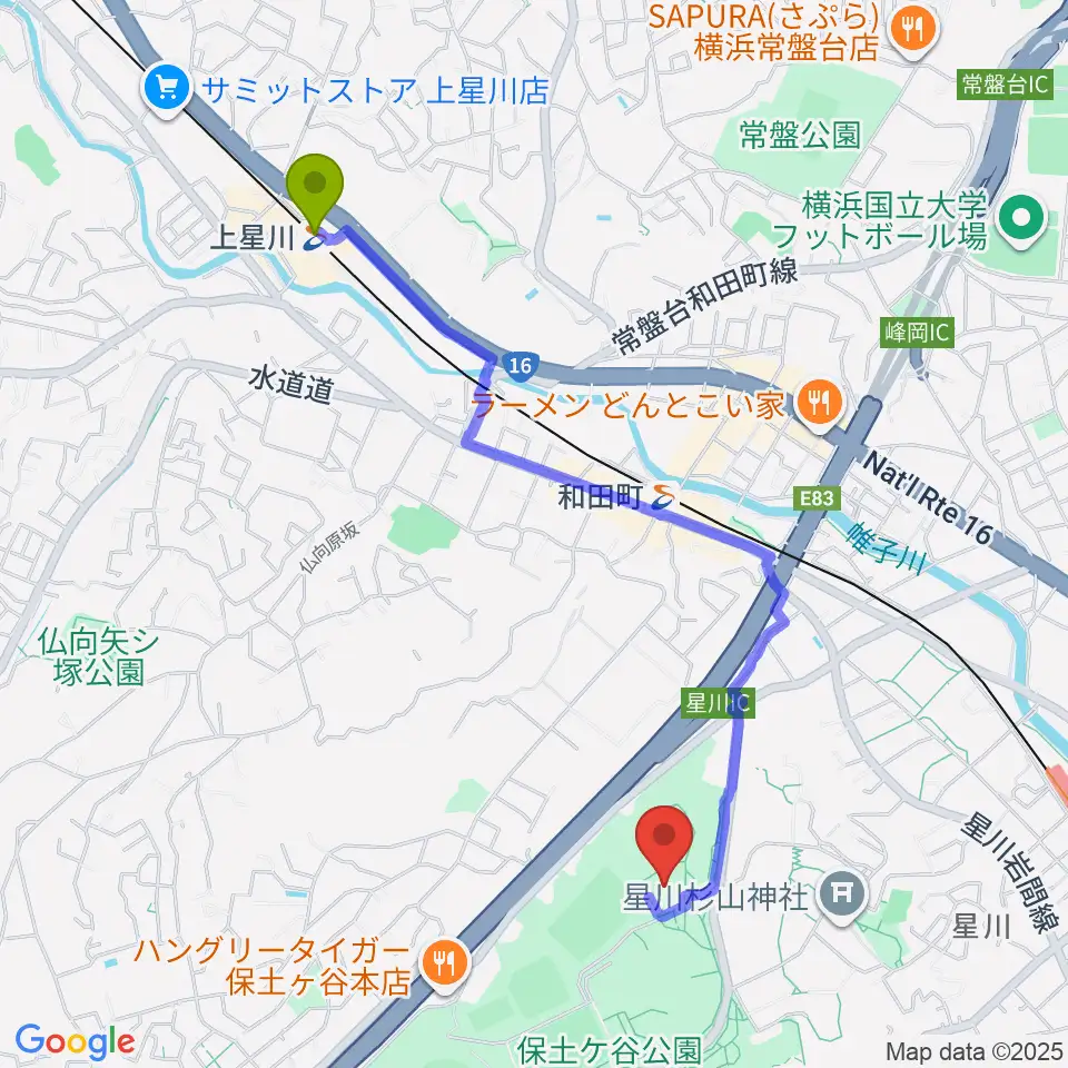 上星川駅から保土ケ谷公園体育館へのルートマップ地図