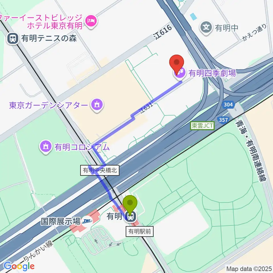 有明四季劇場の最寄駅有明駅からの徒歩ルート（約8分）地図