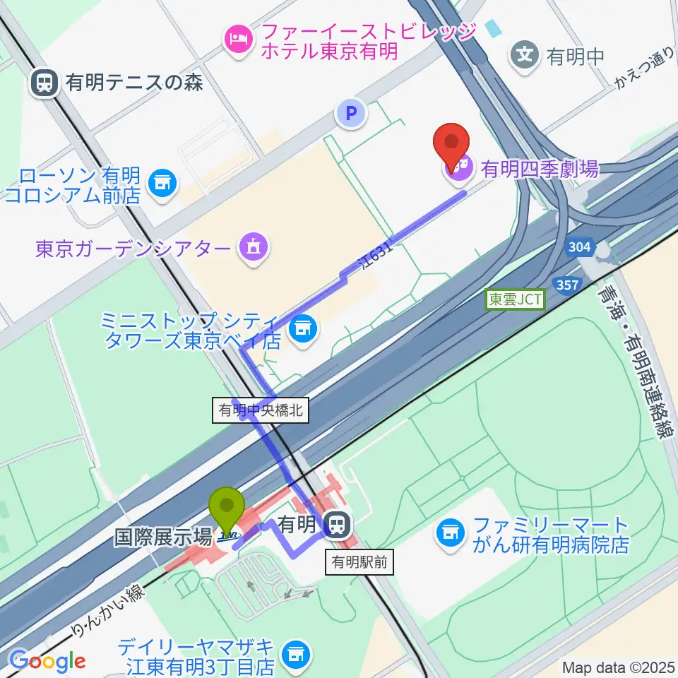 国際展示場駅から有明四季劇場へのルートマップ MDATA 国際展示場駅から有明四季劇場へのルートマップ MDATA